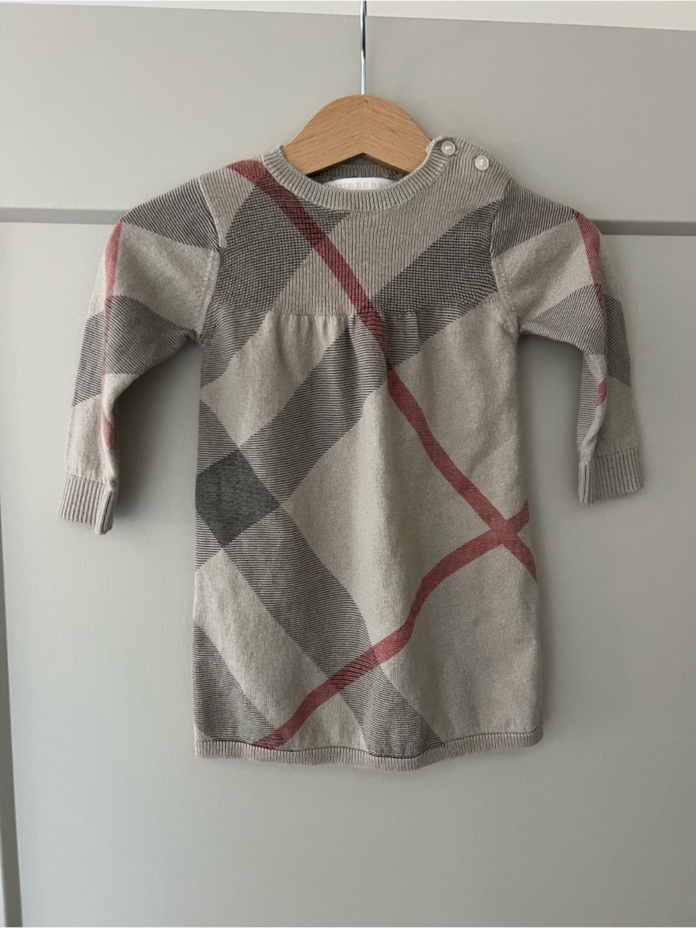 Burberry Beige and Red Plaid Knit Baby Dress
